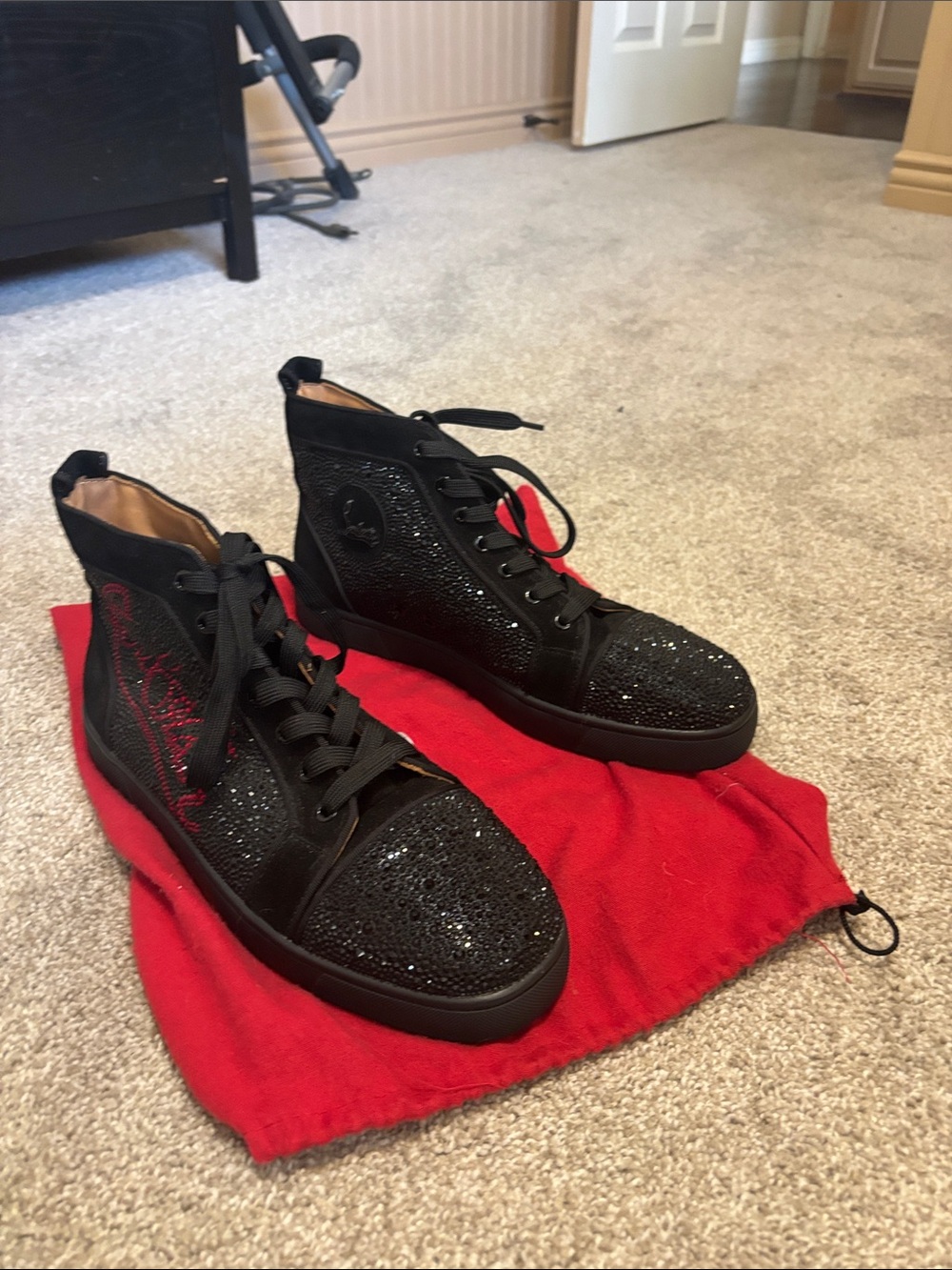 Christian Louboutin Black Crystal High-Top Sneakers with Red Detail